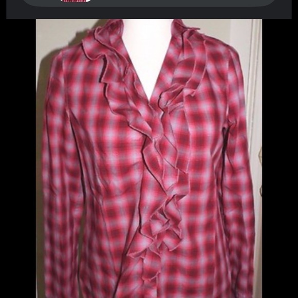 Express Red Checkered Ruffle Shirt - Picture 2 of 7